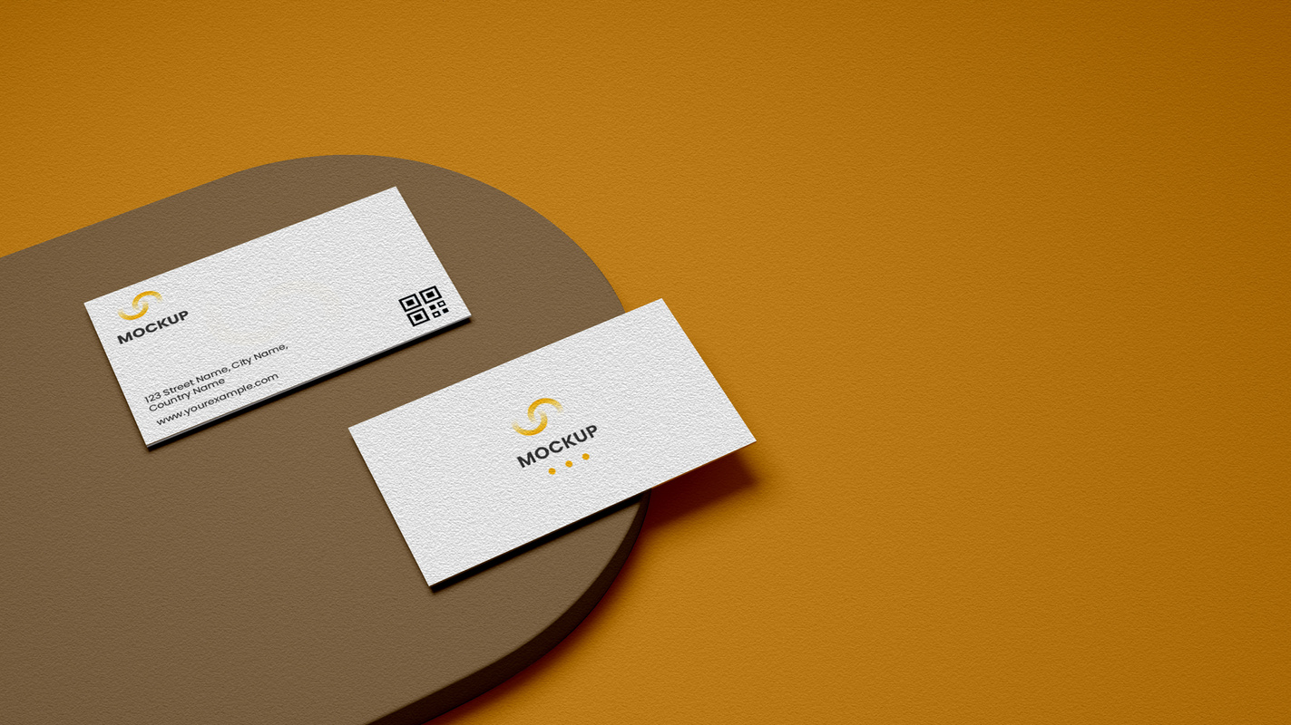 Double-Side Of Visiting Card Mockup On Brown And Orange Background.