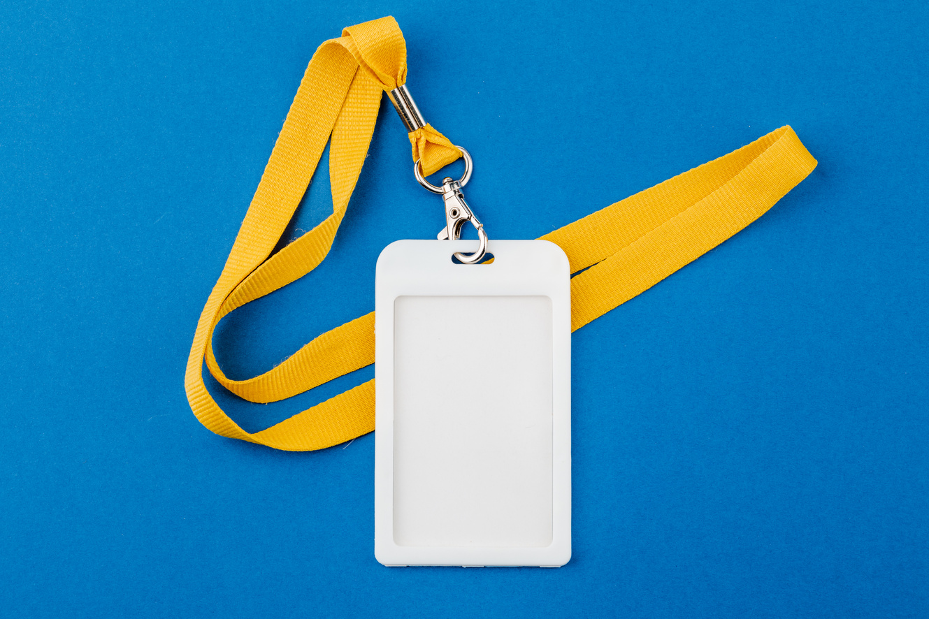 Work ID name tag. The ID of the employee. Card icons with ropes on a blue background.