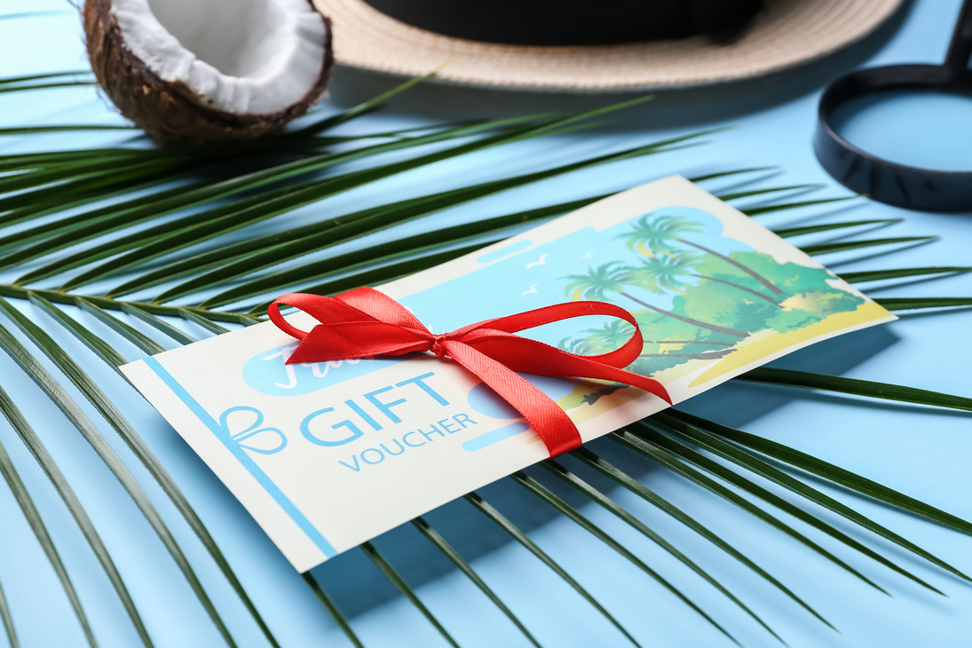 Travel Gift Voucher on Color Background